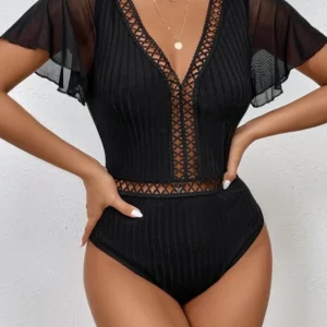 Body con encaje de malla en contraste de manga con volante